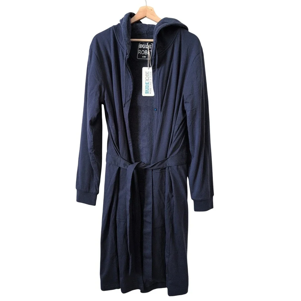 DudeRobe Mens Navy Blue Hooded Bathrobe Cotton Jersey Toweling NWT S/M Lounge